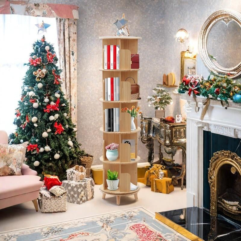 360° Rotating Bookshelf Tower – Wooden Display Rack for Bedroom & Home Decor