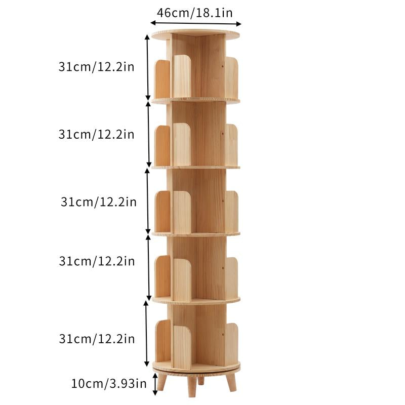 360° Rotating Bookshelf Tower – Wooden Display Rack for Bedroom & Home Decor
