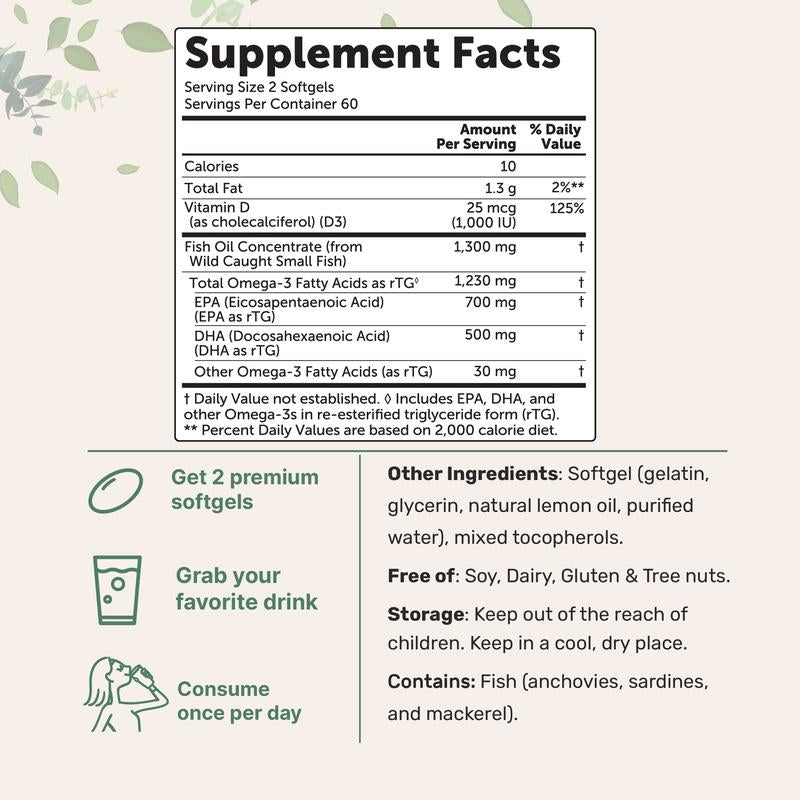Ultra Strength Omega-3 Fish Oil Softgels | High EPA & DHA + Vitamin D3 | Burpless Lemon Flavor - SBody Kings