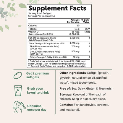 Ultra Strength Omega-3 Fish Oil Softgels | High EPA & DHA + Vitamin D3 | Burpless Lemon Flavor - SBody Kings